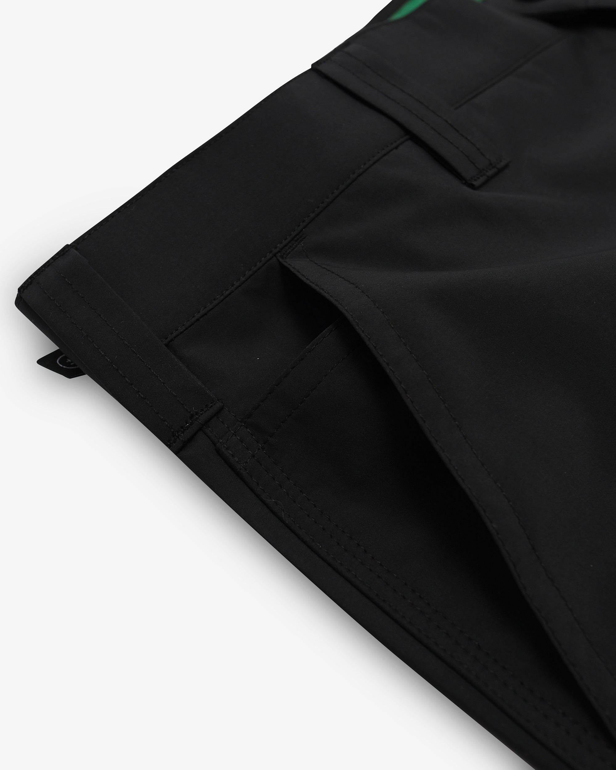 Close-up of black pants on a white background