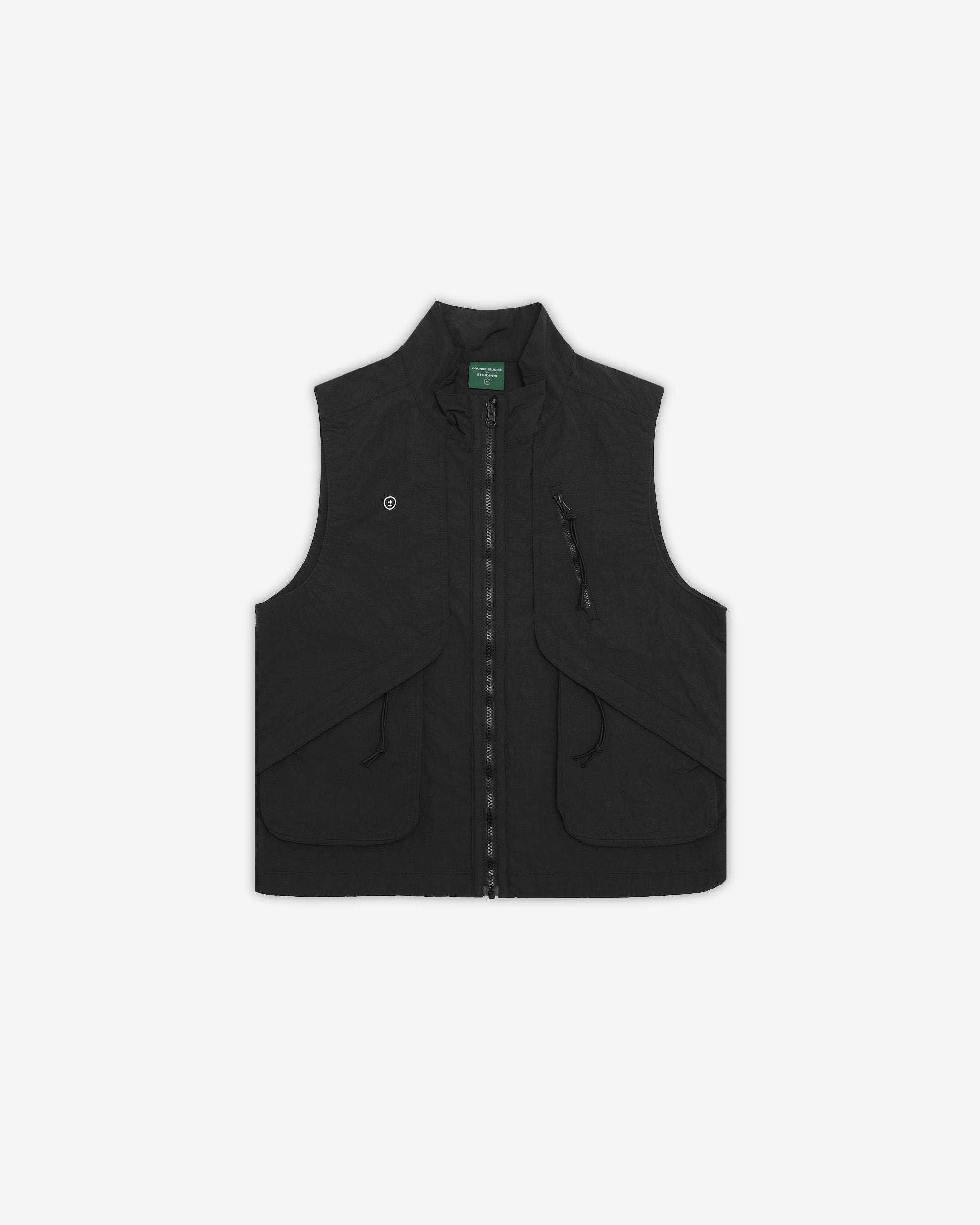 Black vest with a brand logo on a white background