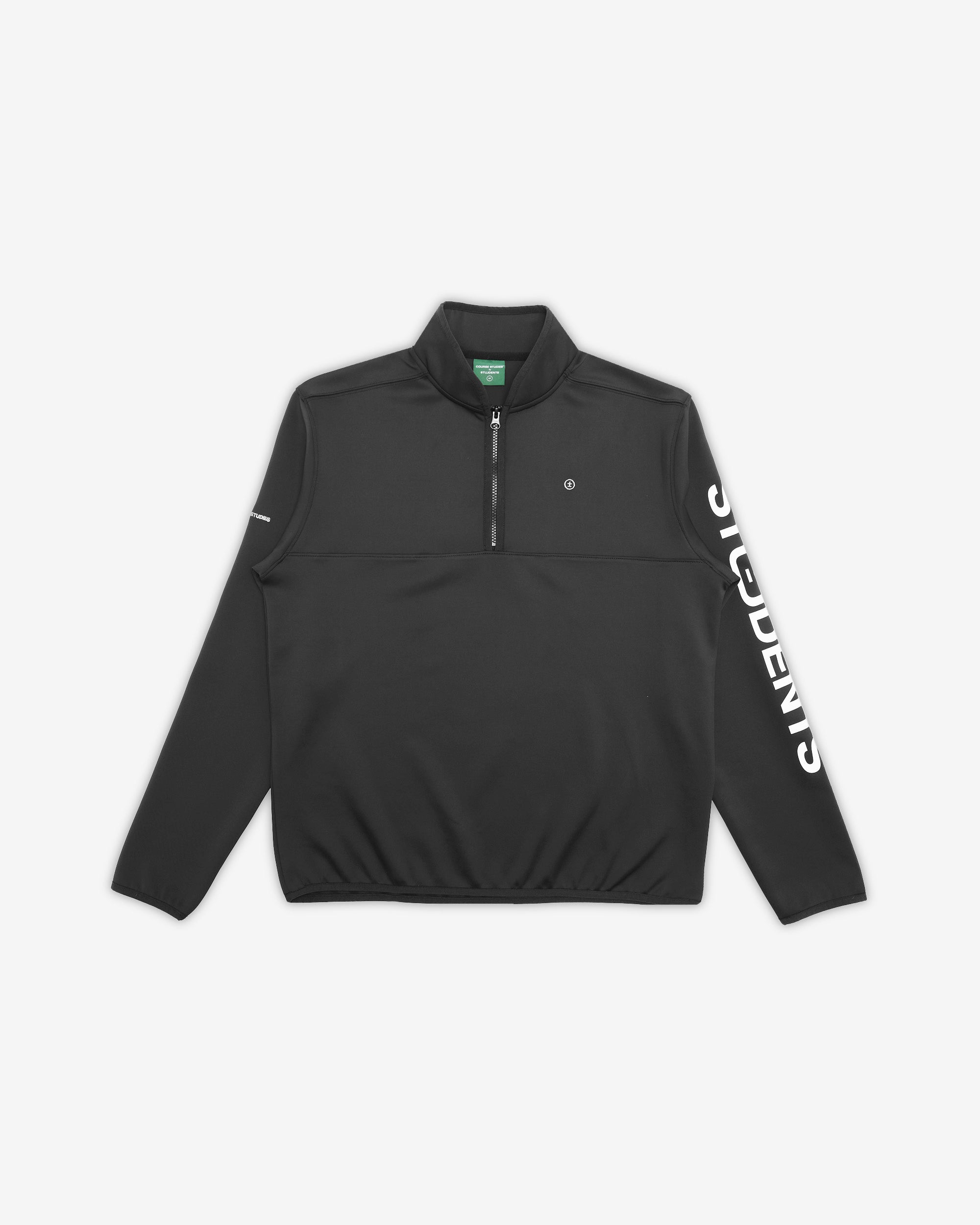 Black quarter-zip pullover with branding on a white background