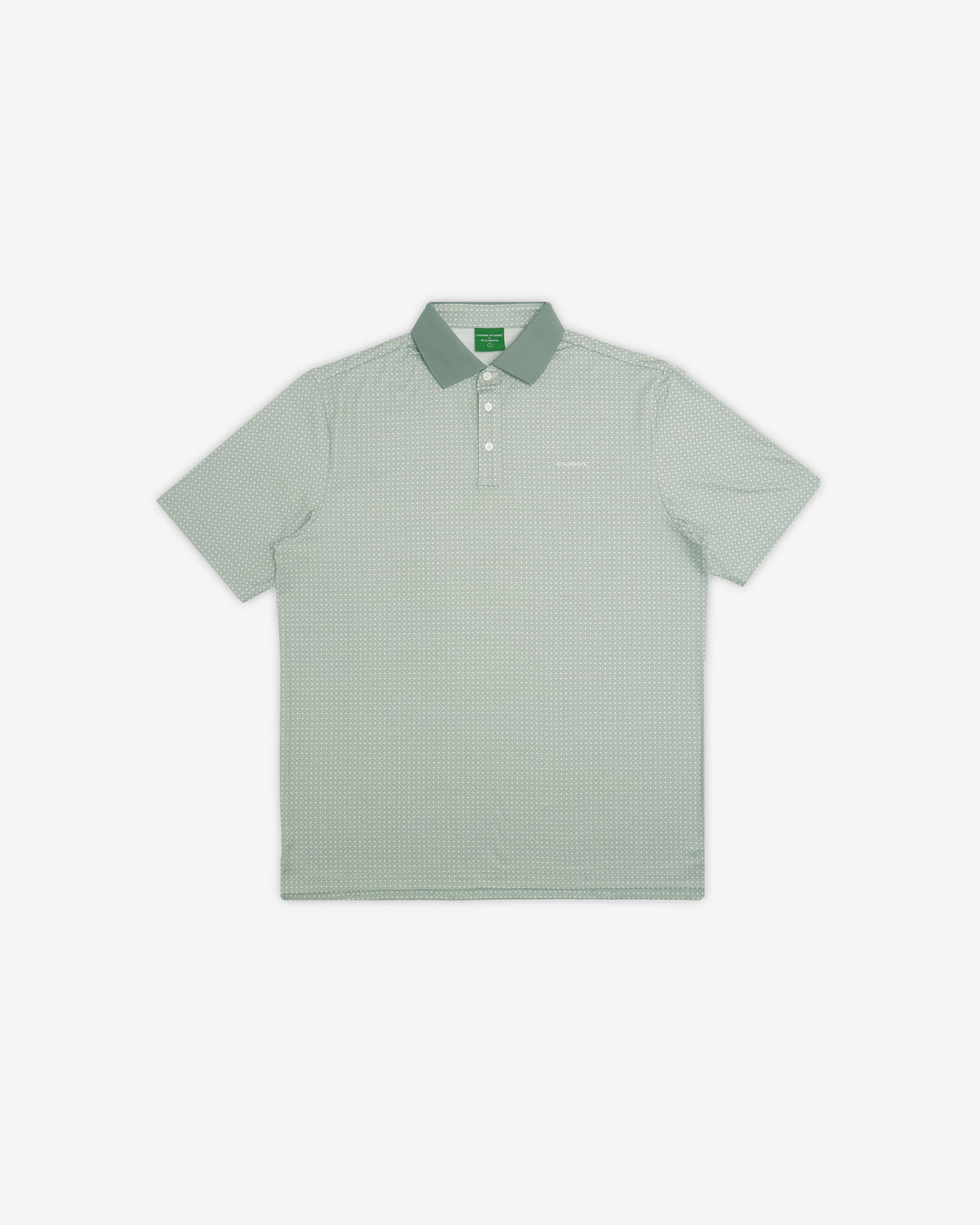 A light sage green short-sleeve polo shirt with a subtle grid pattern, featuring a matching green collar and a three-button placket, displayed flat against a light gray background.