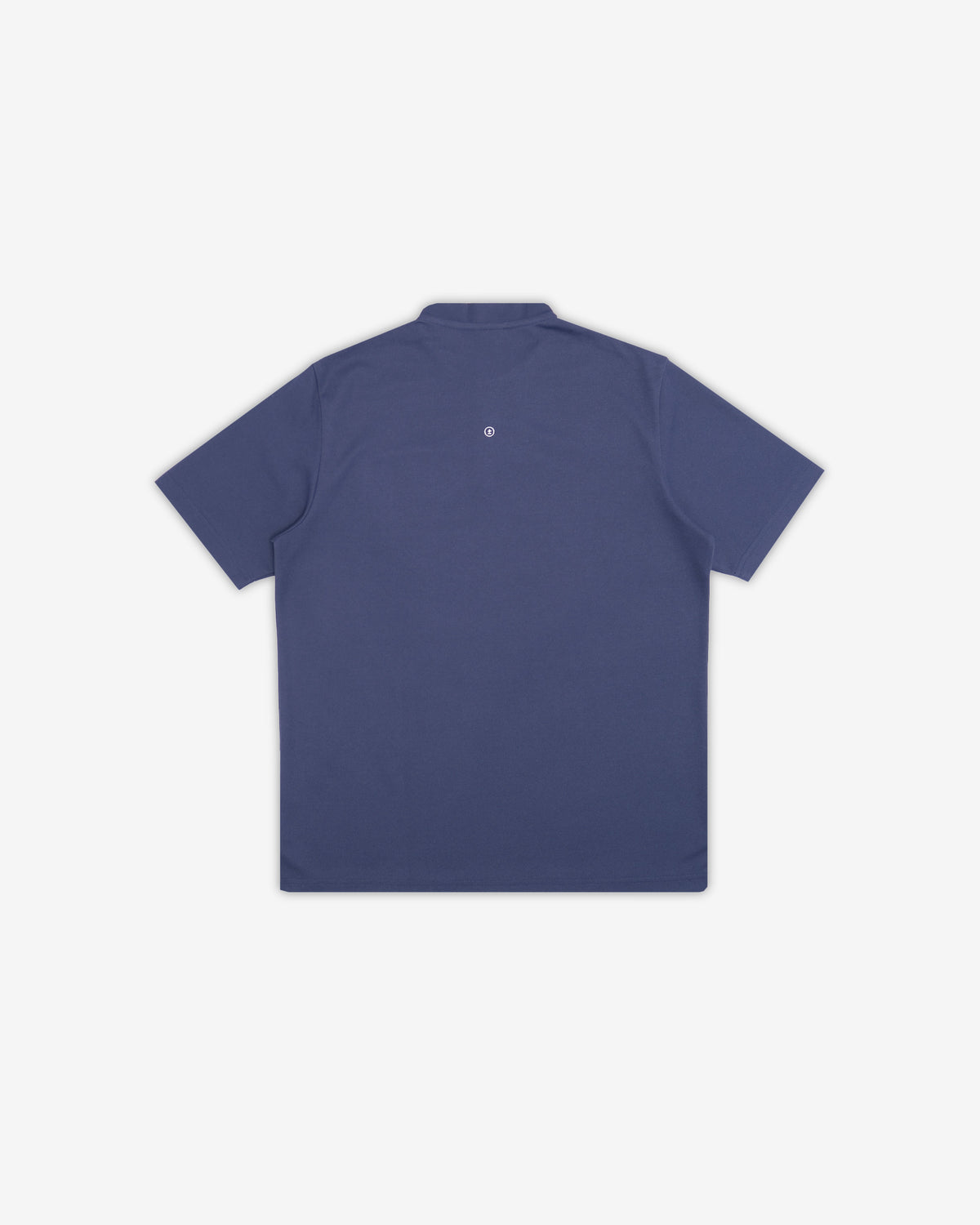 A short-sleeve polo shirt in a muted slate blue color, shown from the back against a clean, light off-white background.