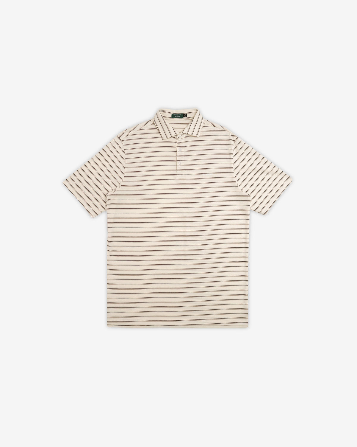 A short-sleeve polo shirt with thin horizontal beige and brown stripes on an off-white base, presented flat against a light gray background.
