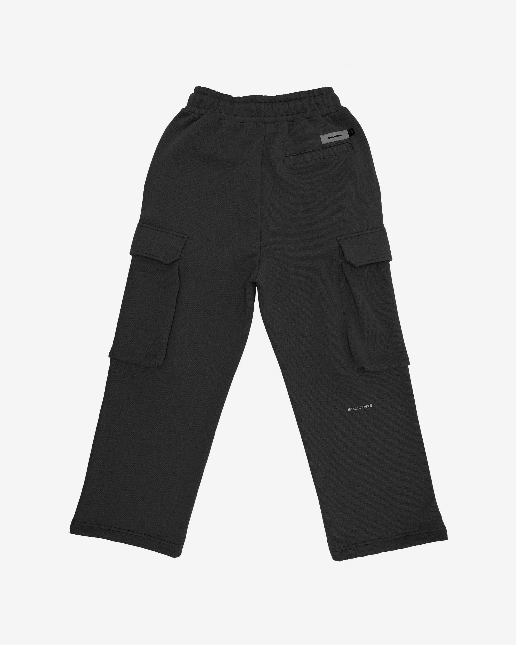 Black cargo pants on a white background