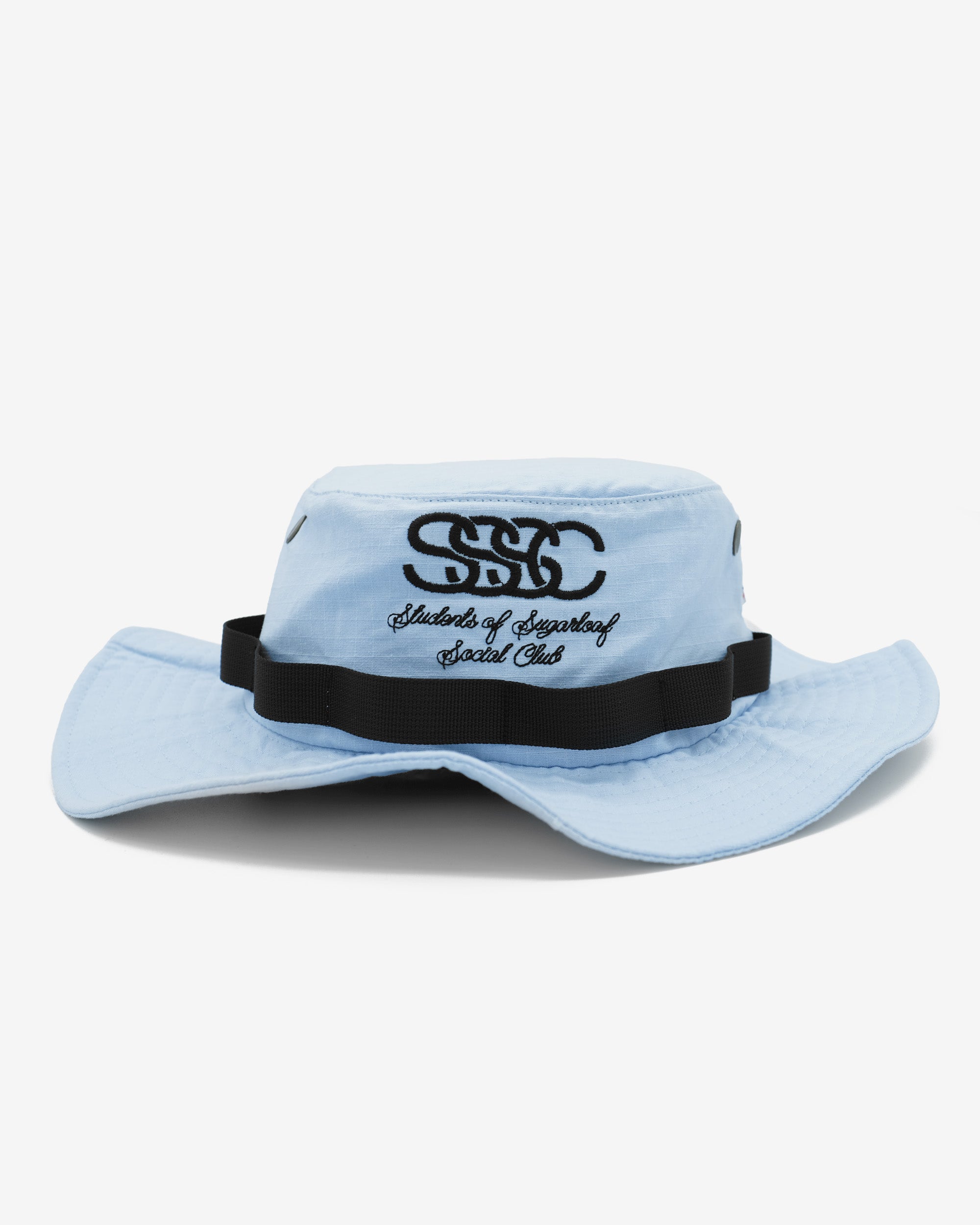 Light blue bucket hat with black logo and text on a white background