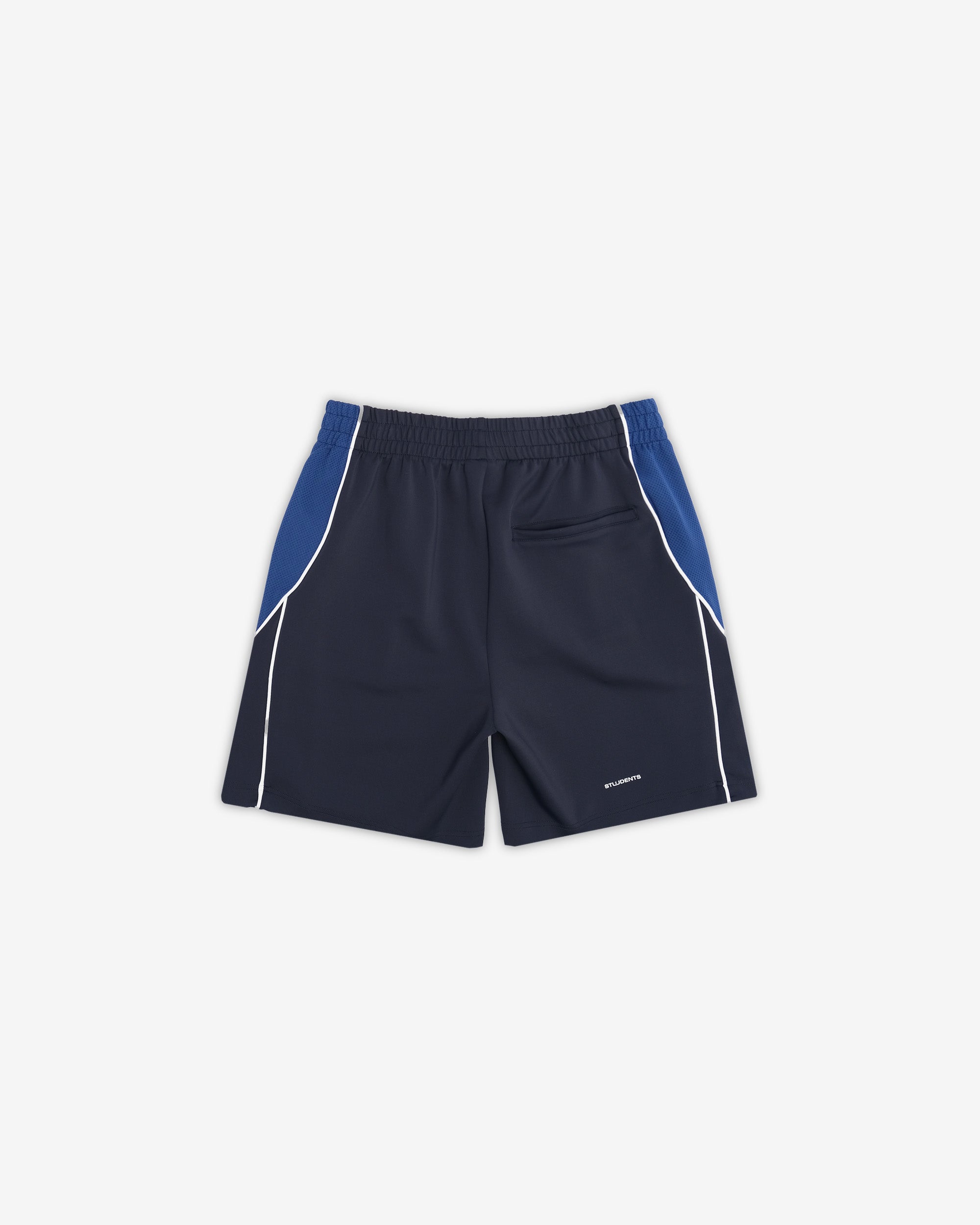 Navy shorts with blue accents on a white background