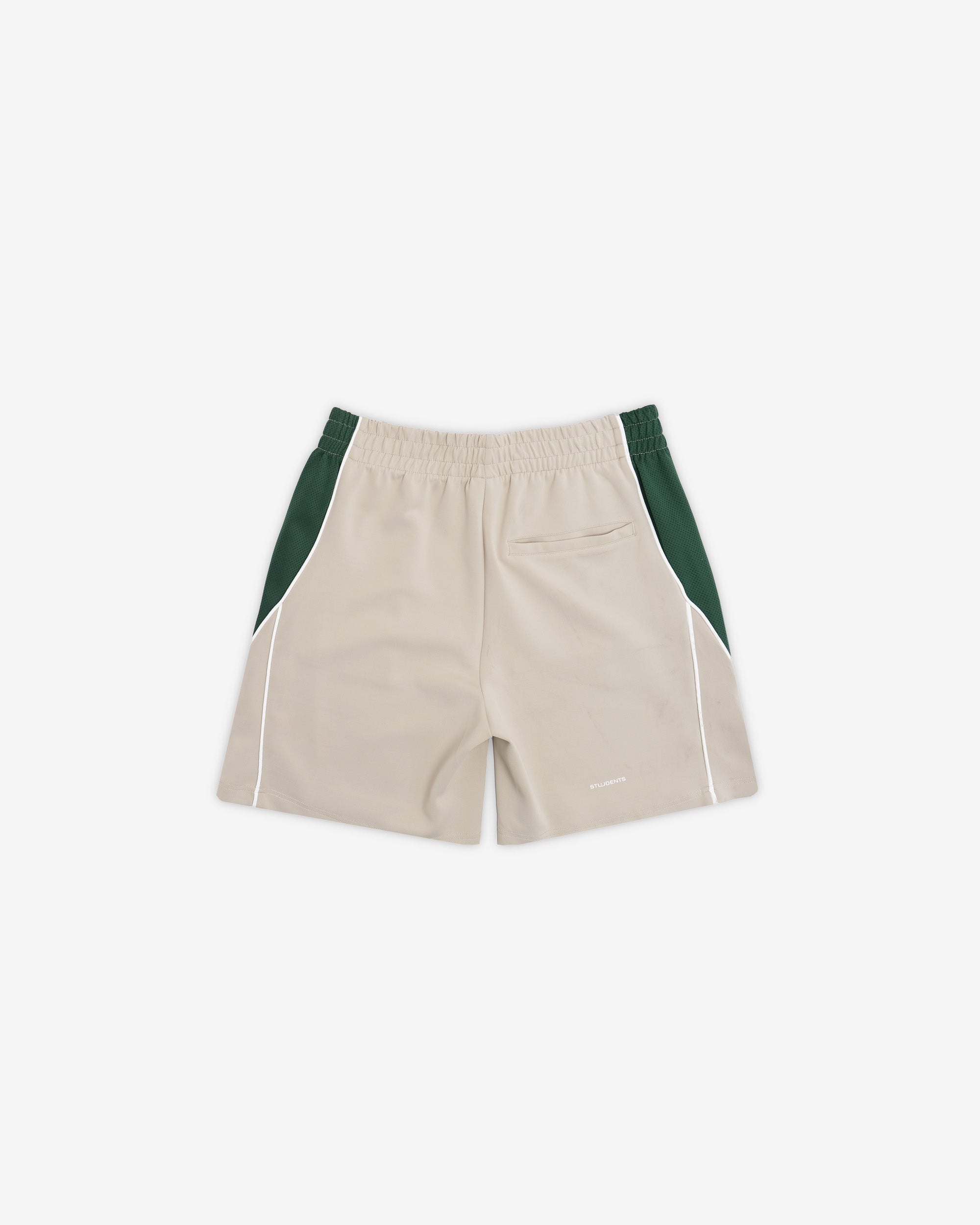 Beige shorts with green accents on a white background