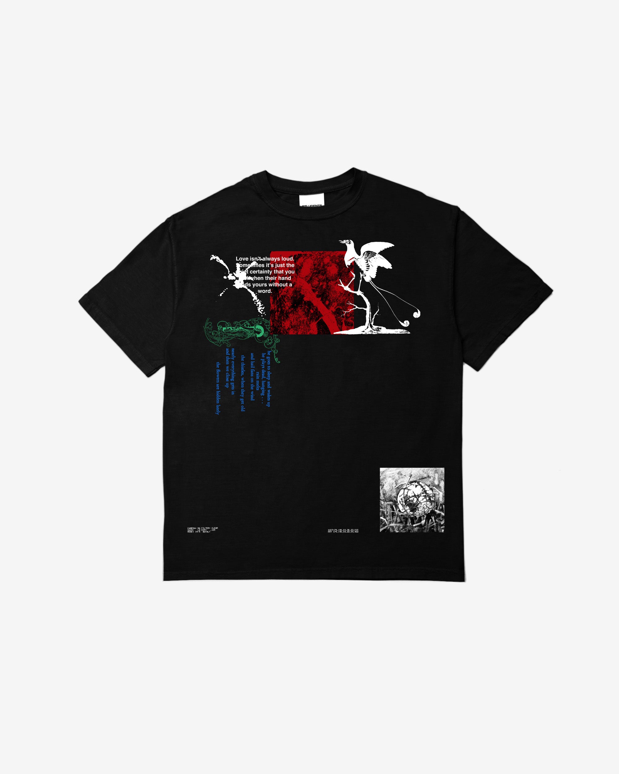 Black t-shirt with graphic designs on a white background