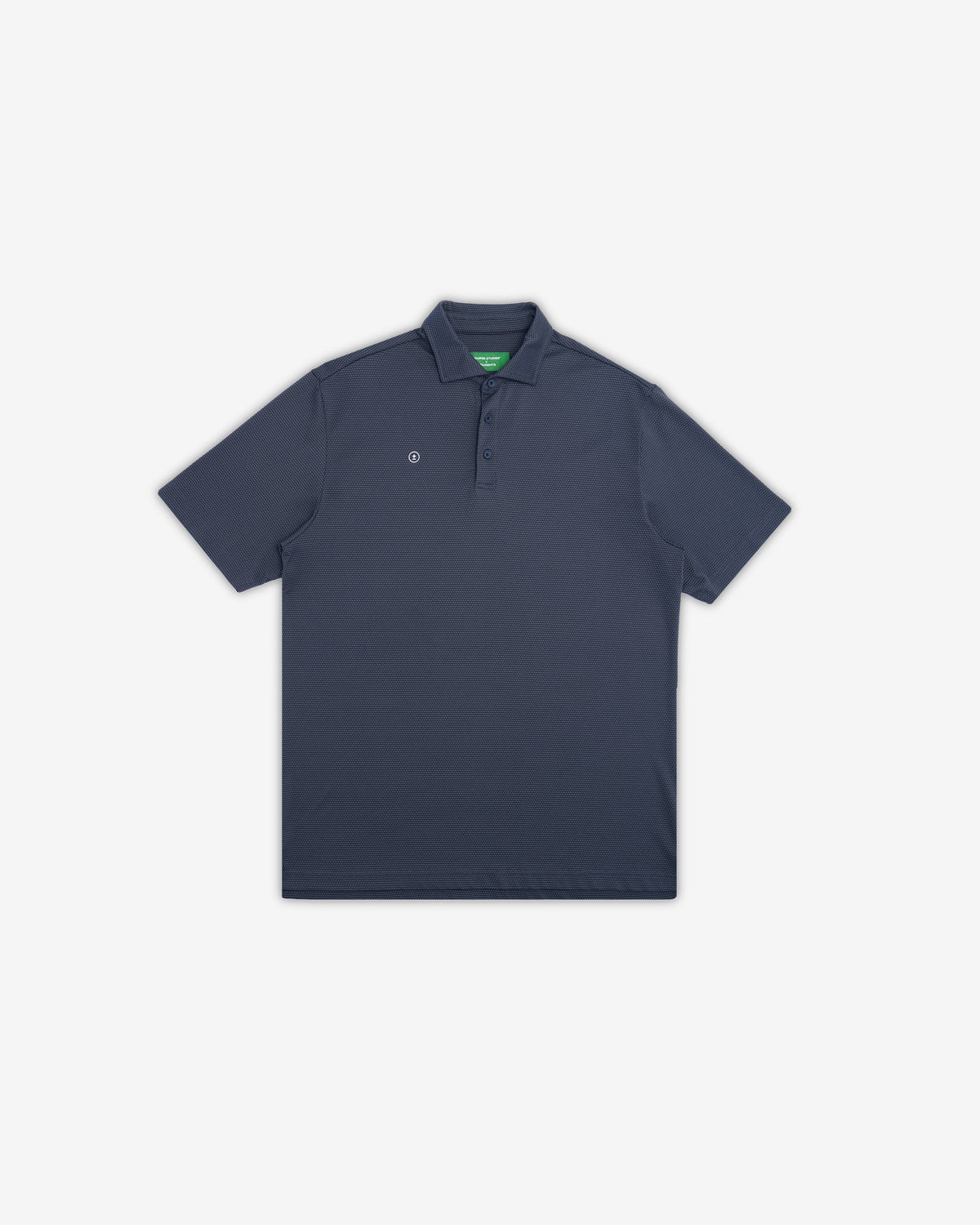 A dark navy blue short-sleeve polo shirt with a small white embroidered logo on the left chest, displayed flat against a light gray background.