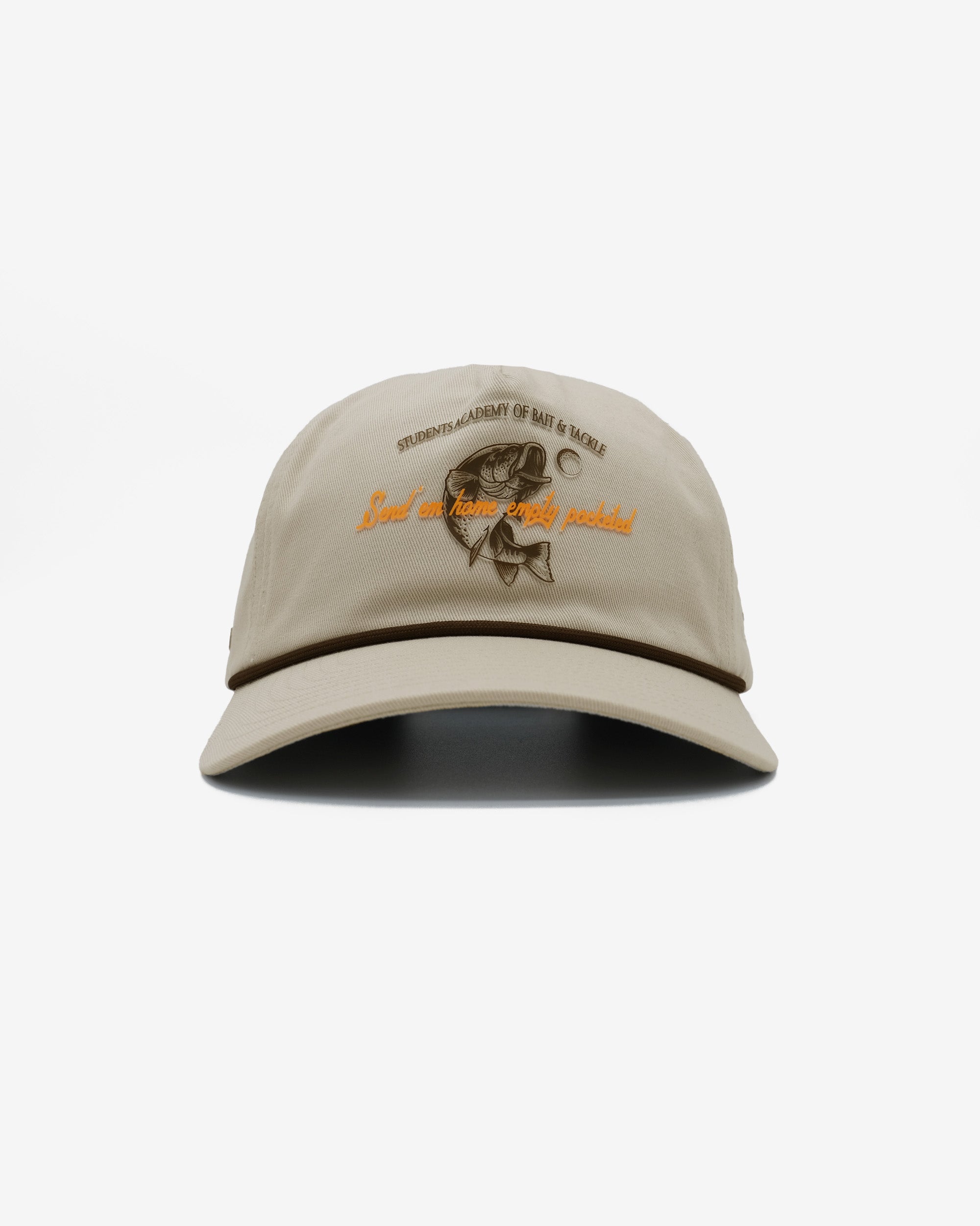 Beige cap with embroidered design on a white background