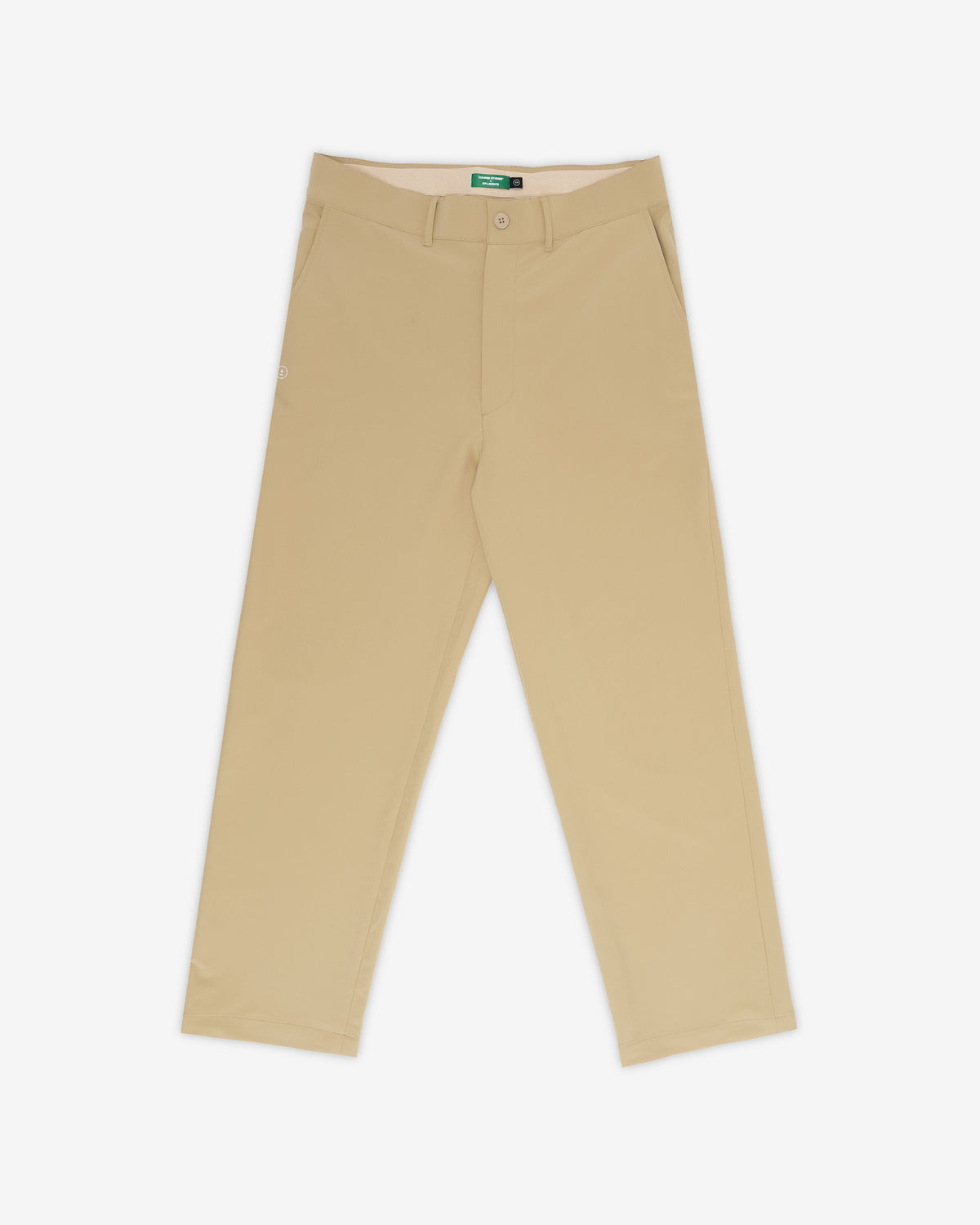 A pair of beige slim-fit trousers laid flat against a light gray background.