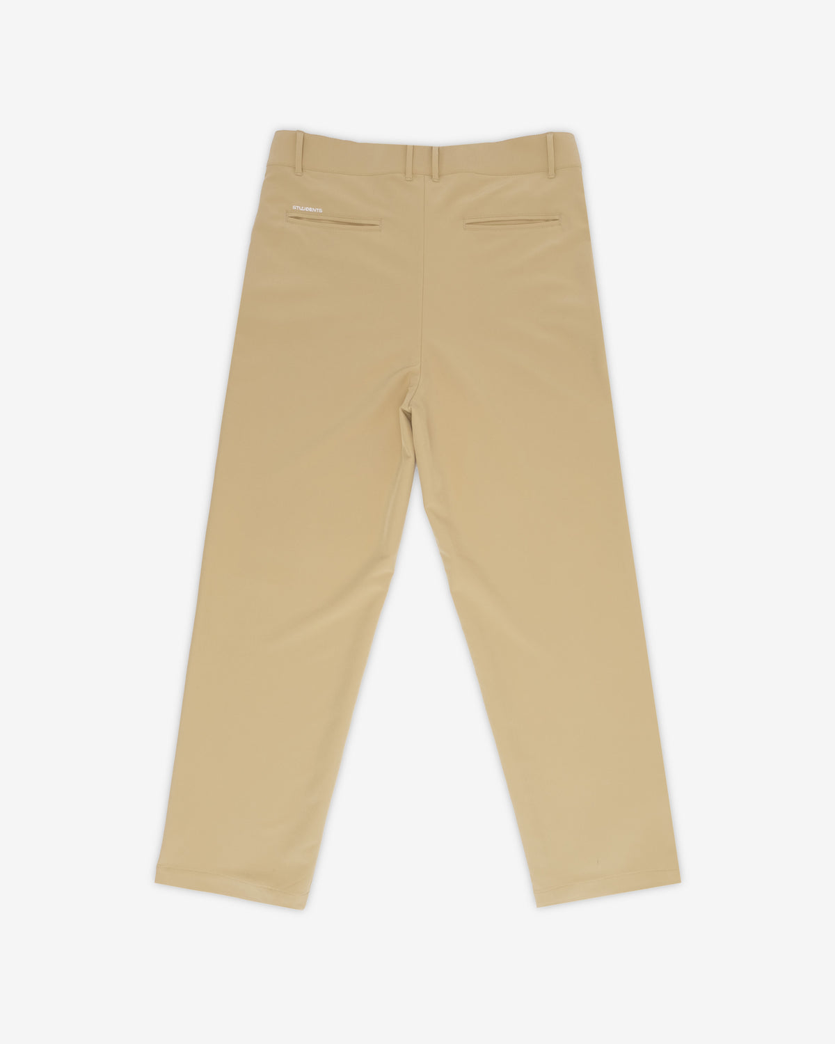 A pair of khaki-colored chino pants shown from the back, laid flat against a light gray background.