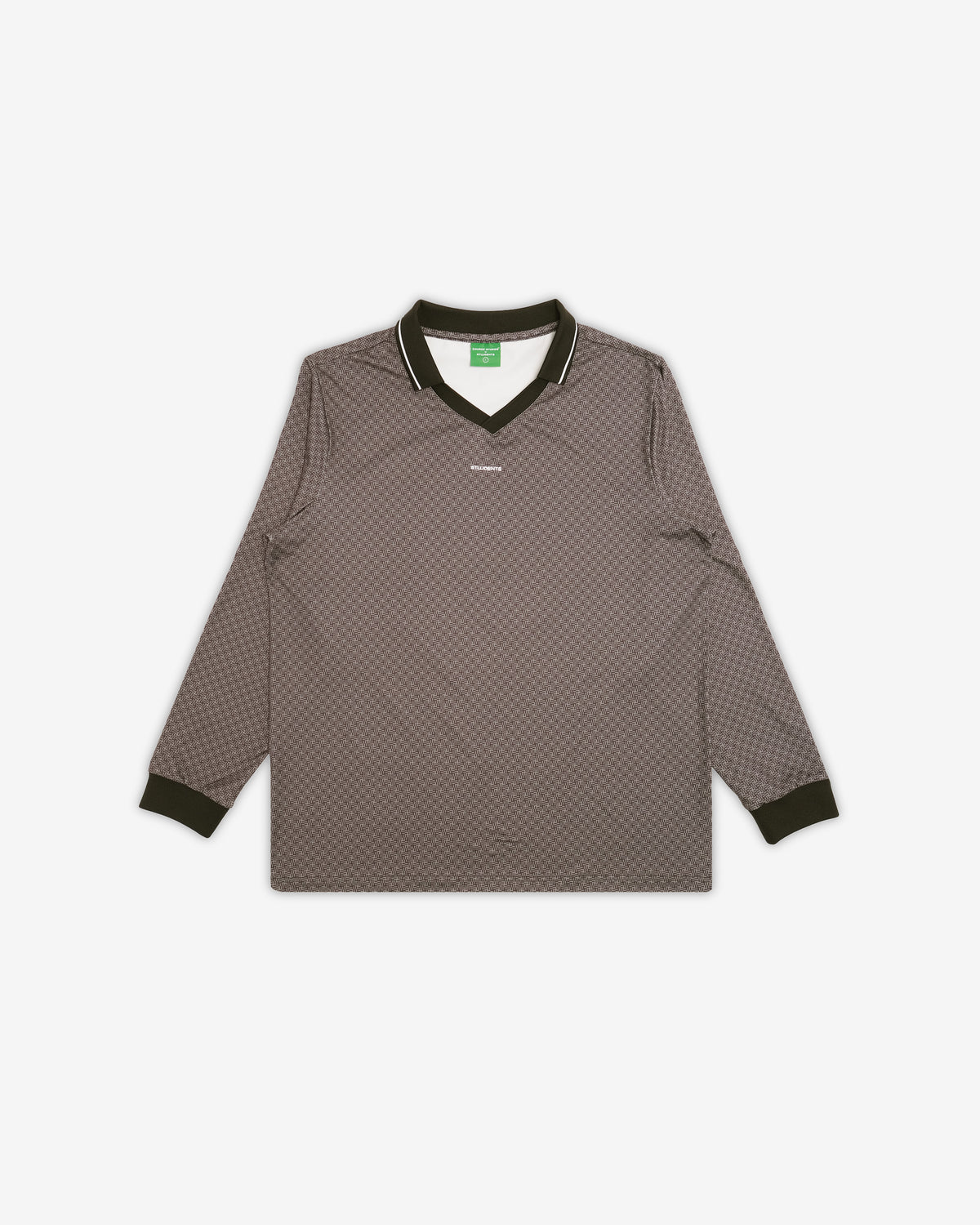 A long-sleeve V-neck athletic jersey in a brown and dark brown micro-pattern, featuring dark brown trim on the collar and cuffs, laid flat against a light gray background.