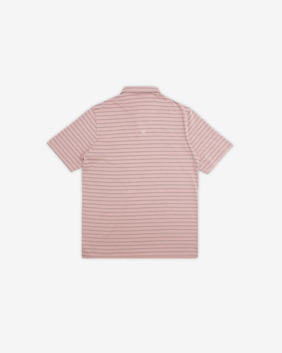 A short-sleeve polo shirt shown from the back, featuring thin horizontal stripes in dusty pink and white, laid flat against a light gray background.