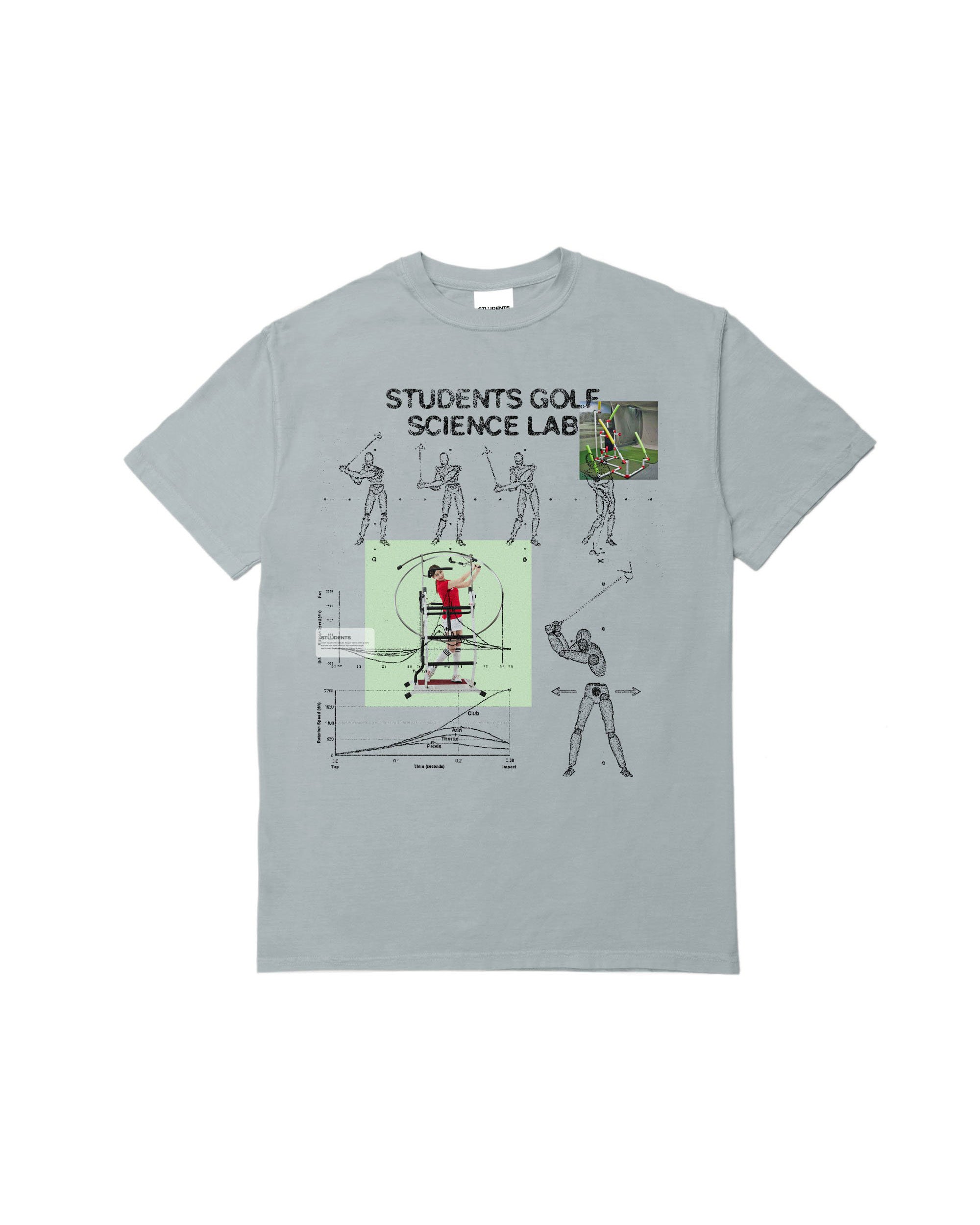 Gray t-shirt with golf science lab graphic on a white background