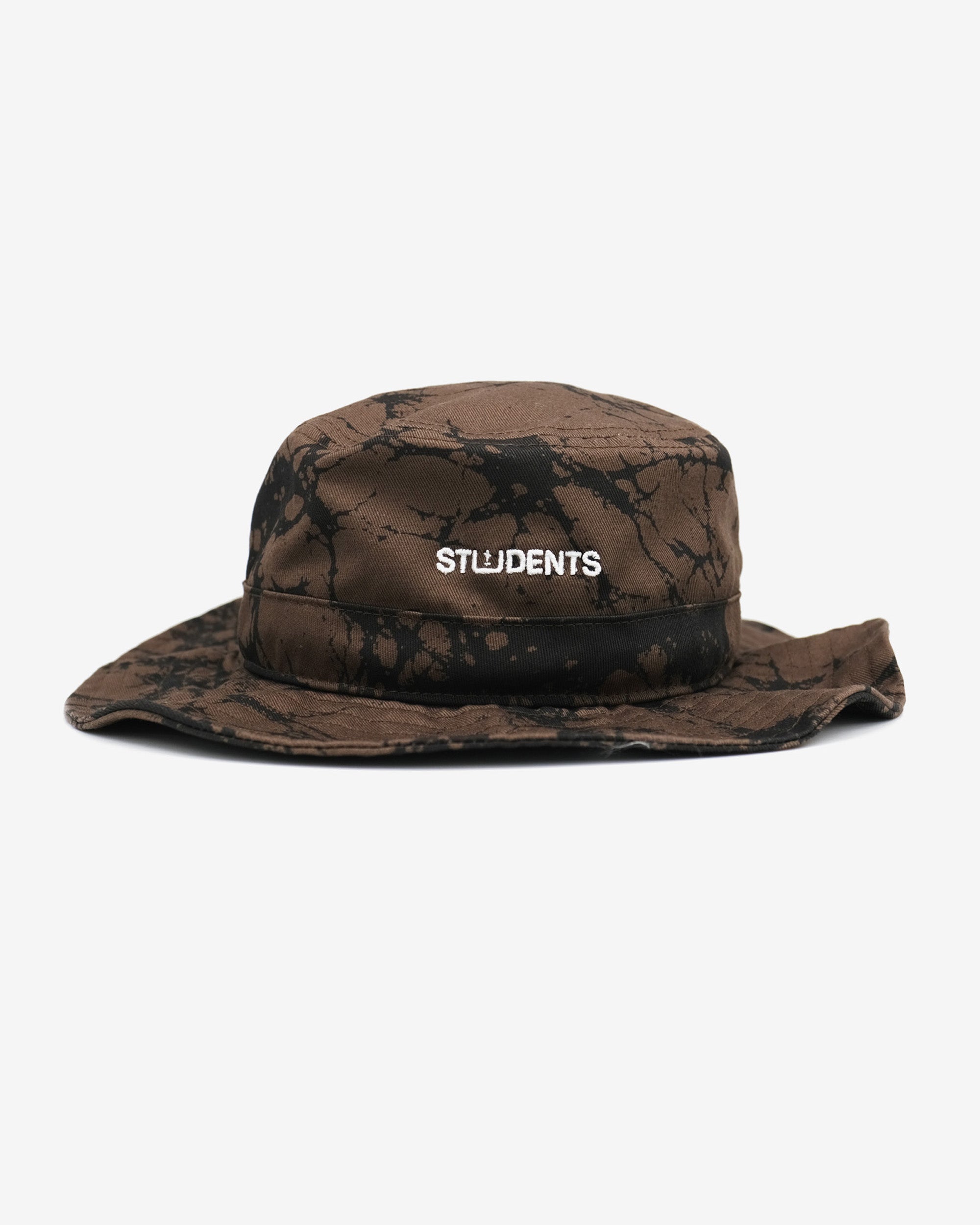 Brown tie-dye bucket hat with 'STUDENTS' text on a white background