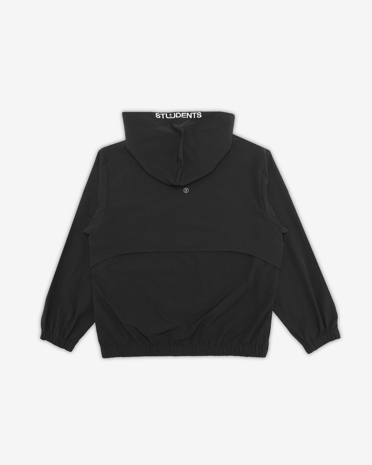 A black hooded windbreaker jacket with long sleeves, shown from the back on a light gray background. The brand name 'STUDENTS' is printed in white on the inside of the hood.