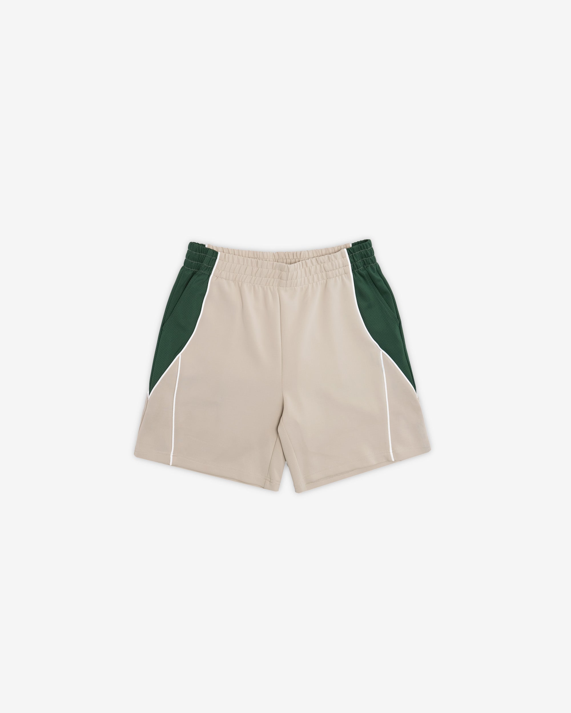 Beige shorts with green accents on a white background