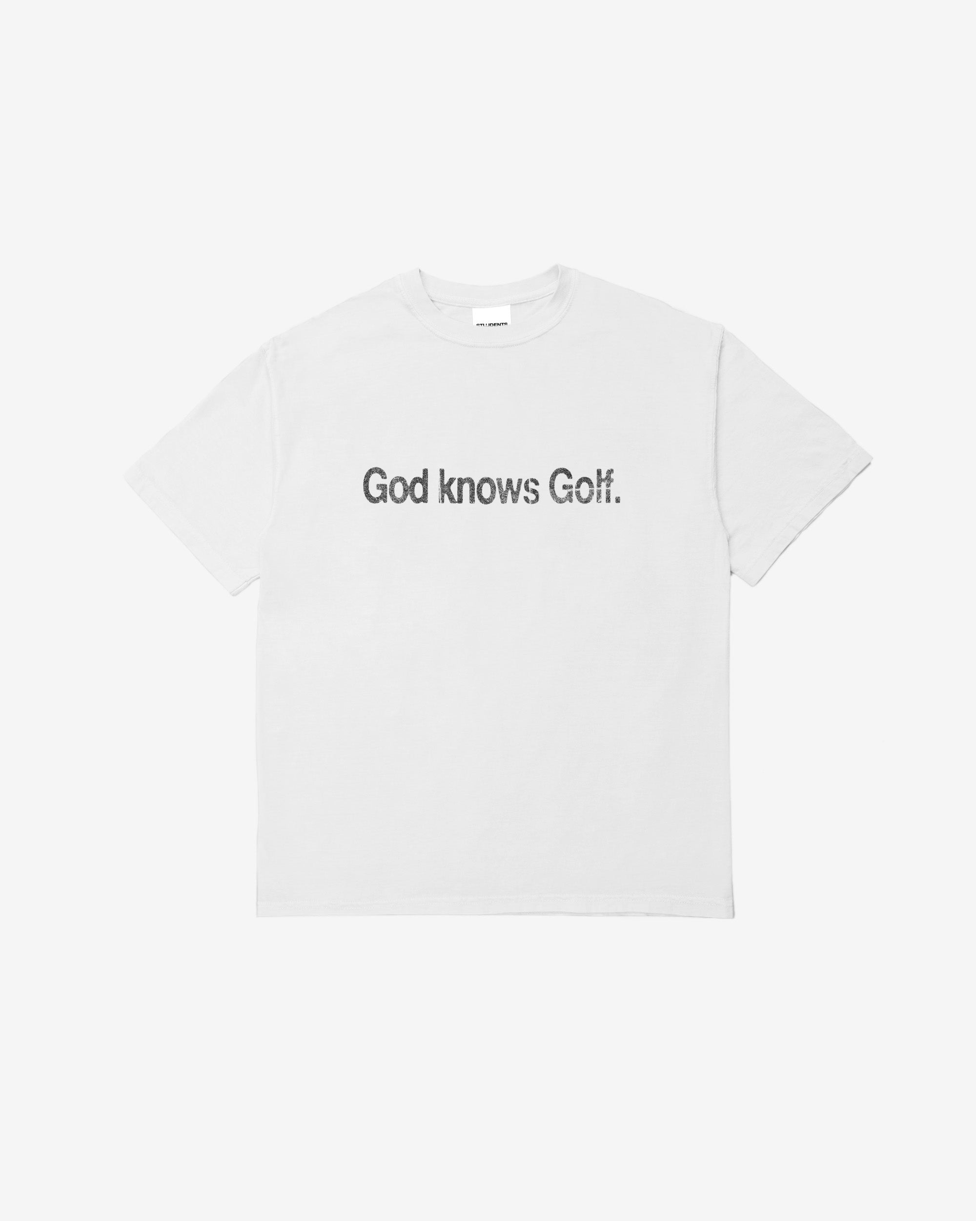 White t-shirt with black text 'God knows Golf' on a white background